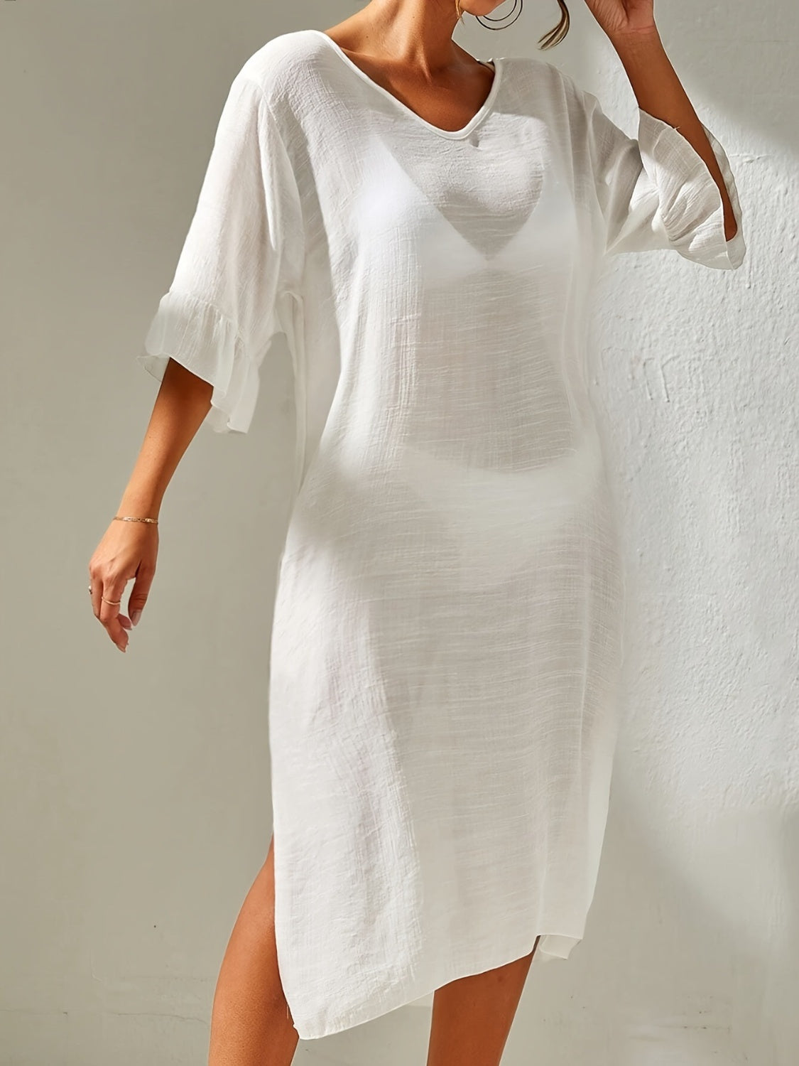 A Beautiful Beach Cover up.  Slit V-Neck Flounce Sleeve