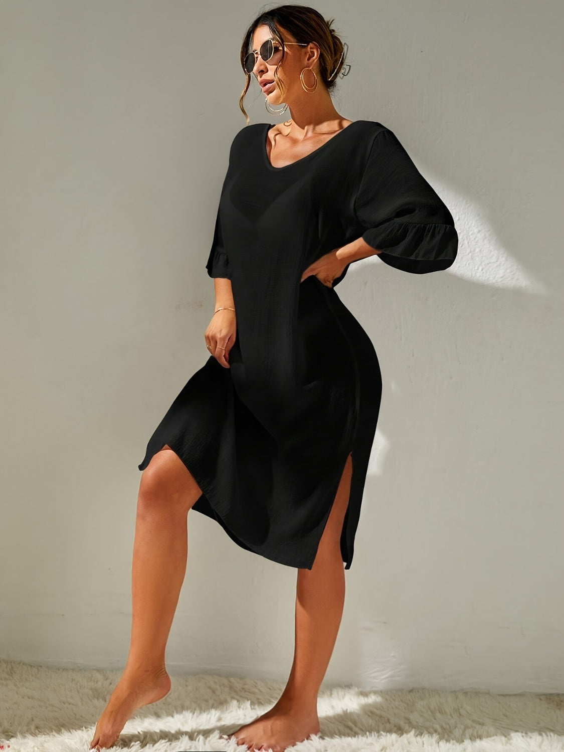 A Beautiful Beach Cover up.  Slit V-Neck Flounce Sleeve