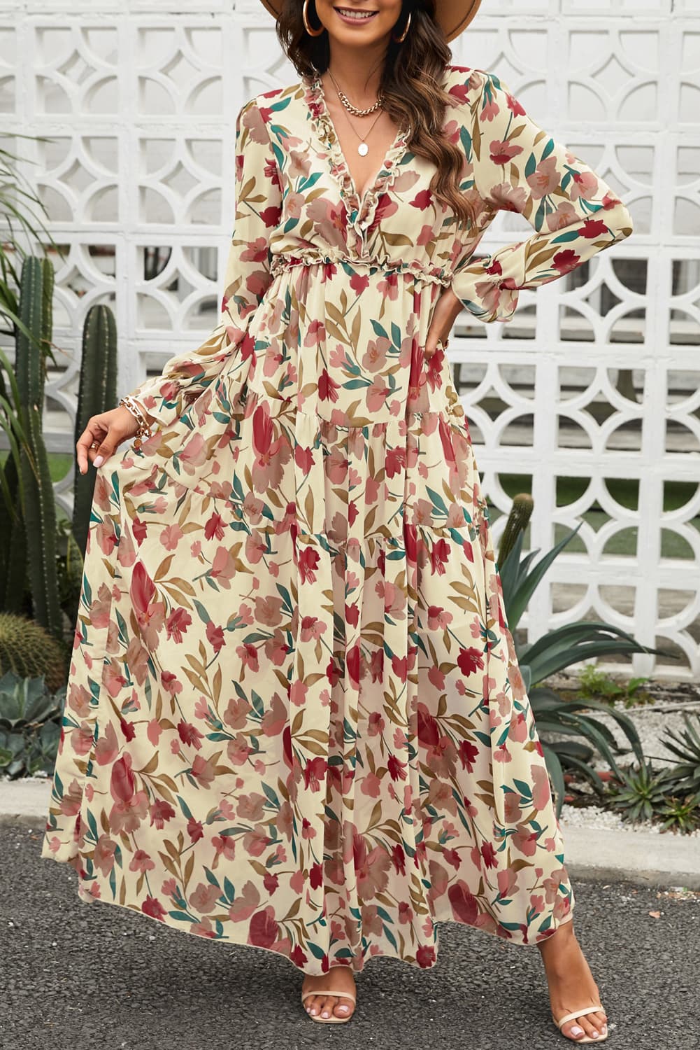 A Beautiful Floral Frill Trim Flounce Sleeve Plunge Maxi Dress