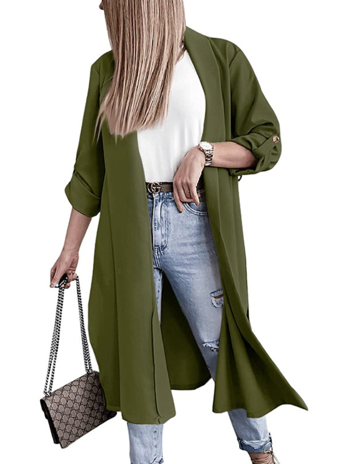 A Classic Slit Open Front Roll-Tab Sleeve Trench Coat