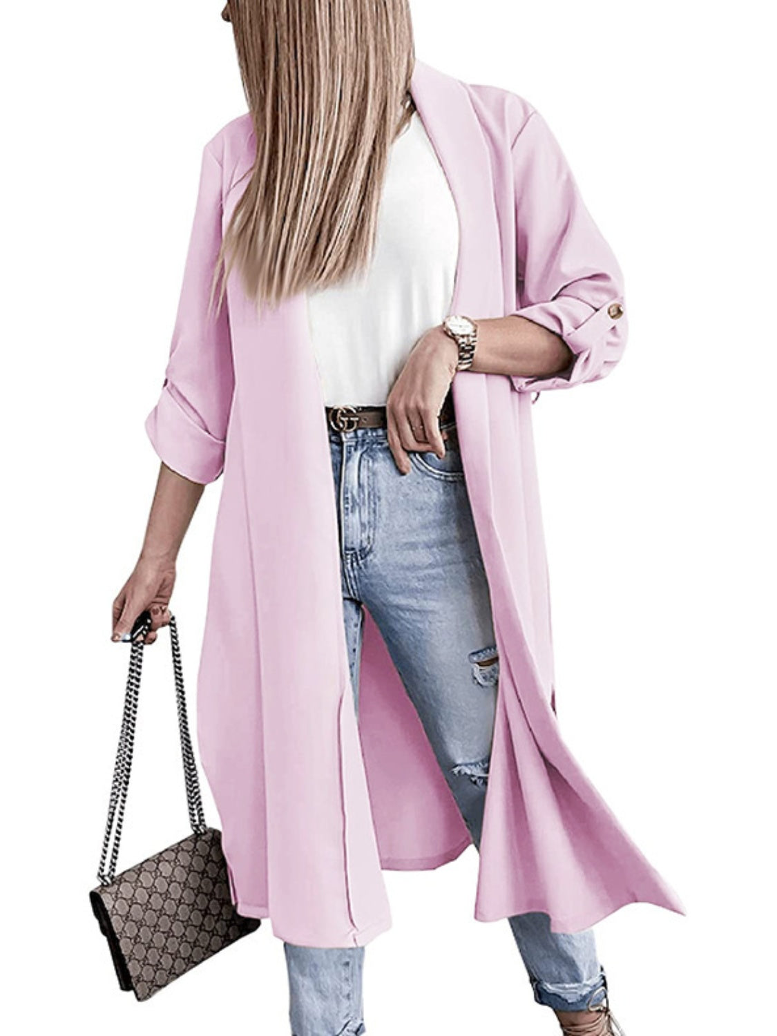 A Classic Slit Open Front Roll-Tab Sleeve Trench Coat