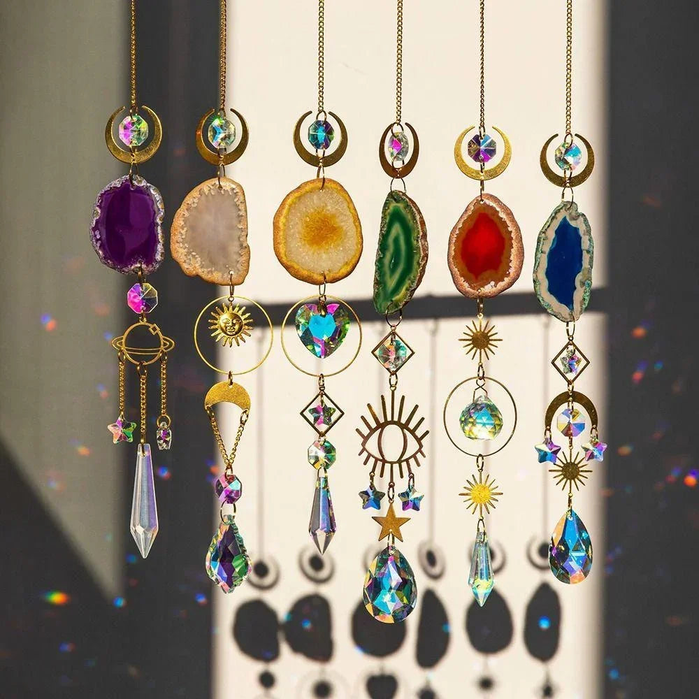 Natural Stones Agate Sun Catcher Rainbow Maker Hanging Crystal Witch Suncatcher Windchime Wall Gift Colorful Room Decoration