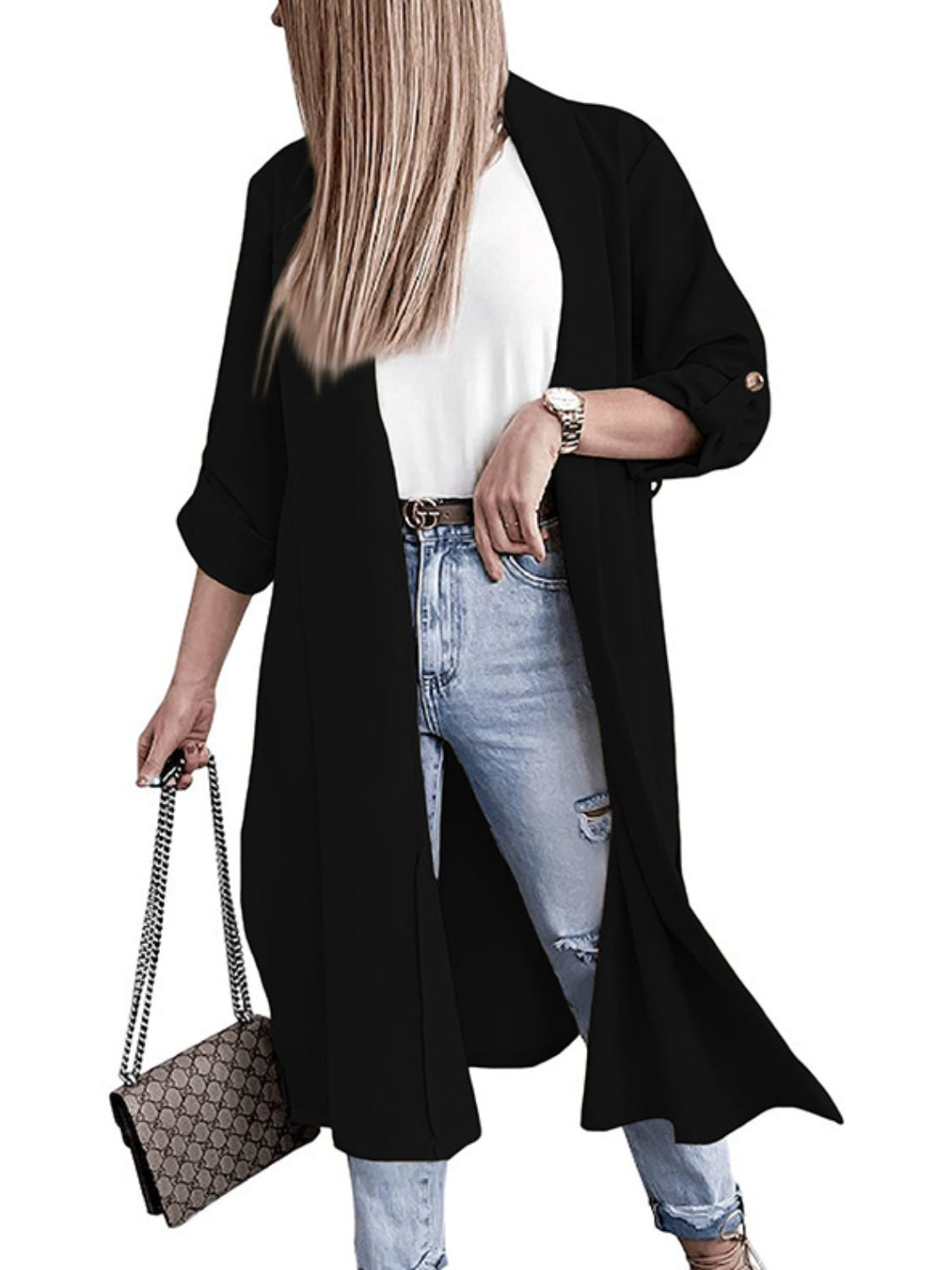 A Classic Slit Open Front Roll-Tab Sleeve Trench Coat