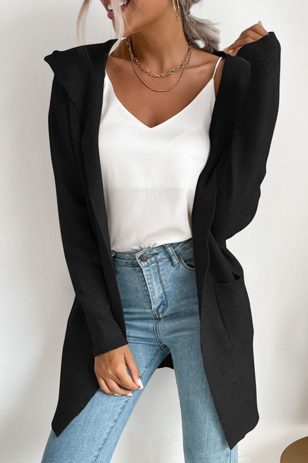 Ribbed Open Front Hooded Cardigan with Pockets