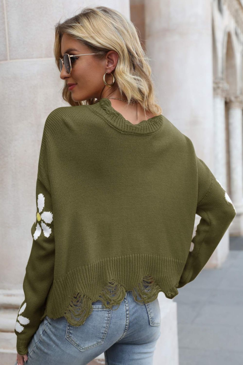 Cute Flower Distressed Ribbed Trim Sweater