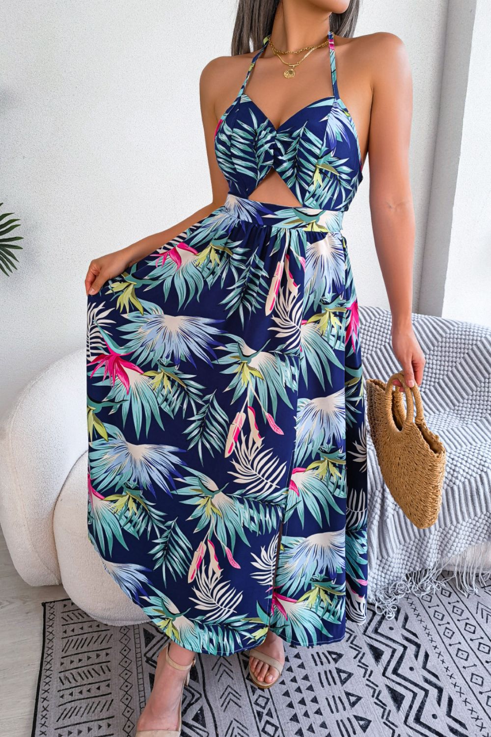 Print Tied Backless Cutout Slit Dress