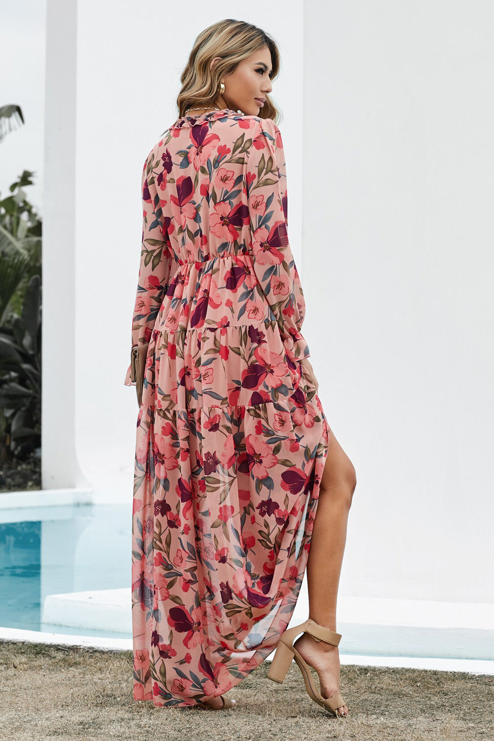 A Beautiful Floral Frill Trim Flounce Sleeve Plunge Maxi Dress