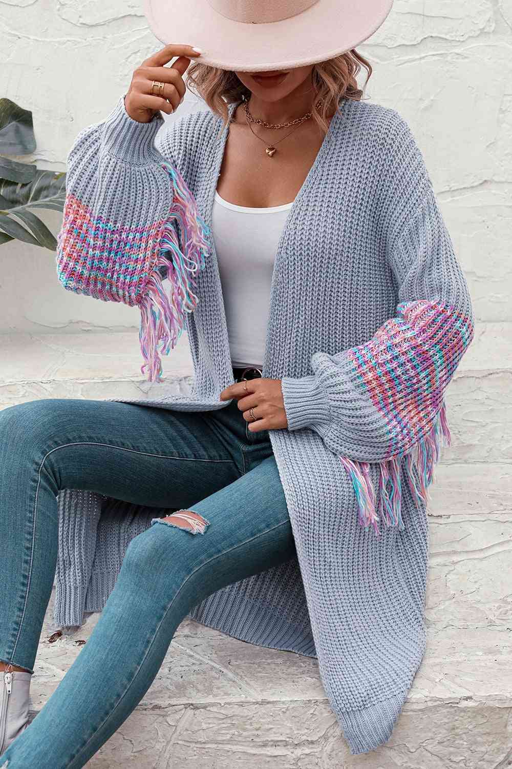 A Fringe Sleeve Dropped Shoulder Cardigan