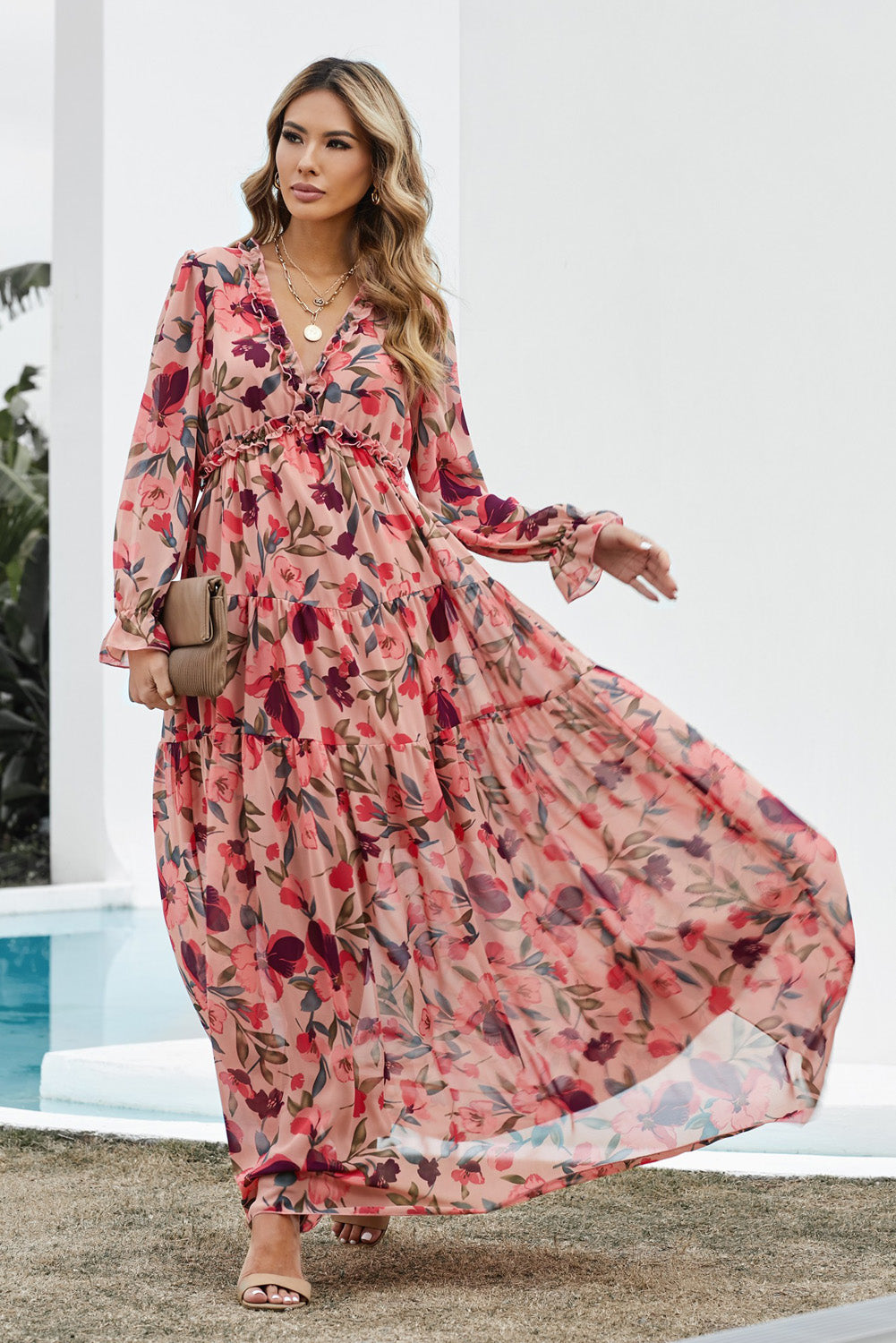 A Beautiful Floral Frill Trim Flounce Sleeve Plunge Maxi Dress