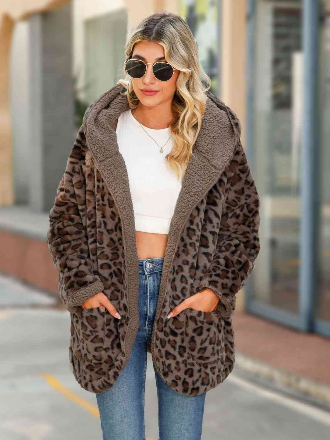 A Adorable Cozy Leopard Hooded Coat with Pockets