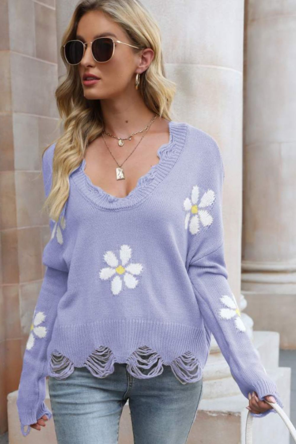 Cute Flower Distressed Ribbed Trim Sweater