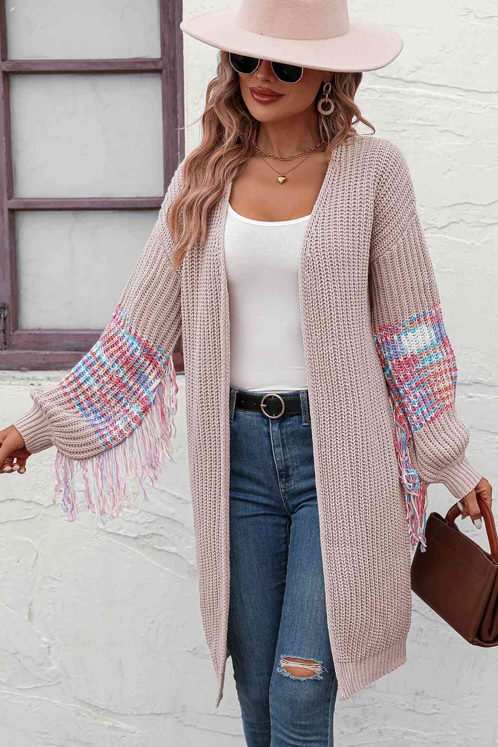 A Fringe Sleeve Dropped Shoulder Cardigan