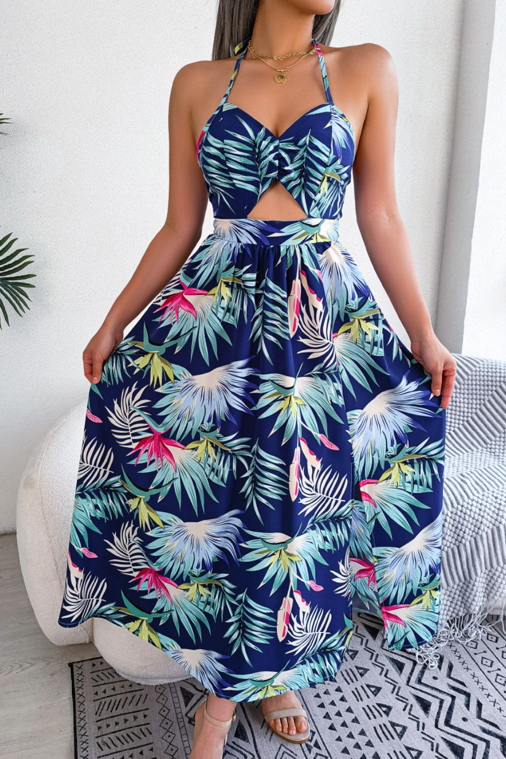 Print Tied Backless Cutout Slit Dress