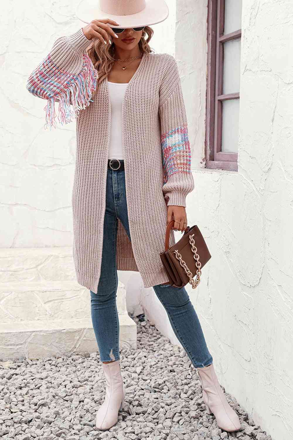 A Fringe Sleeve Dropped Shoulder Cardigan