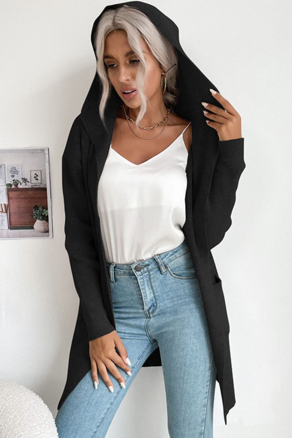 Ribbed Open Front Hooded Cardigan with Pockets