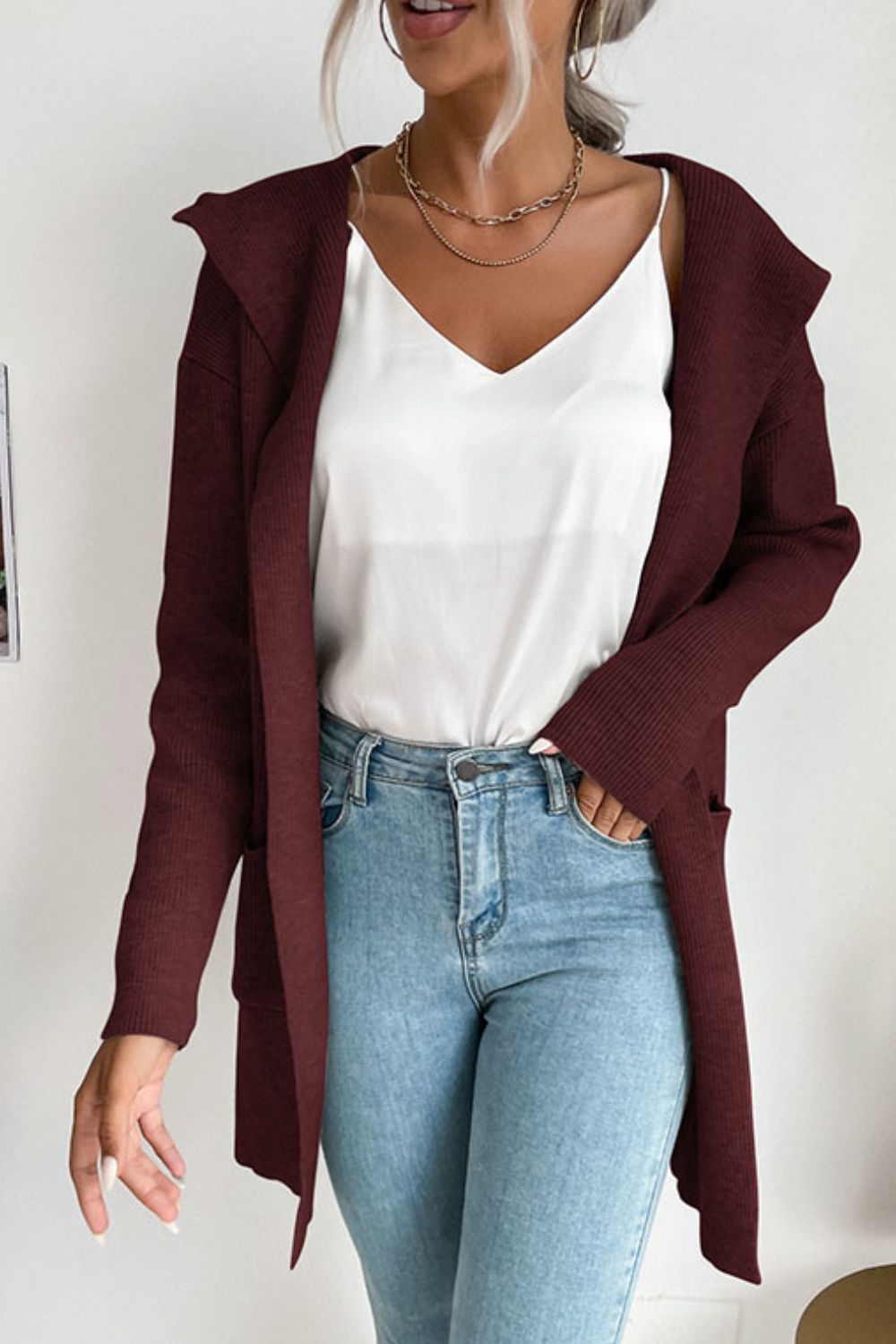 Ribbed Open Front Hooded Cardigan with Pockets