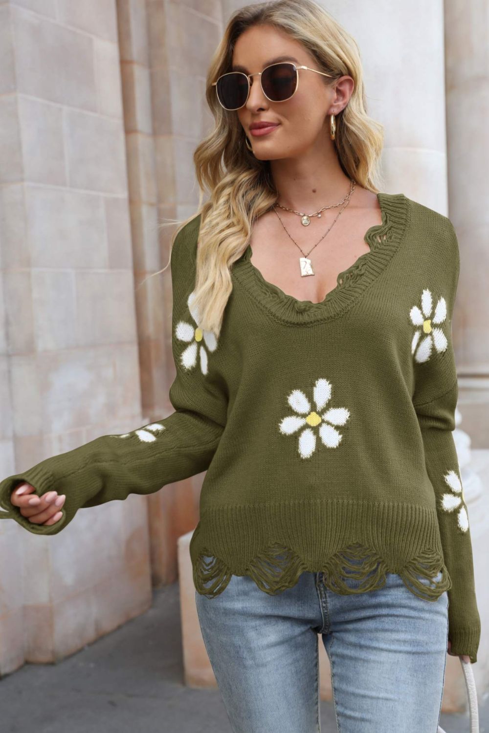 Cute Flower Distressed Ribbed Trim Sweater