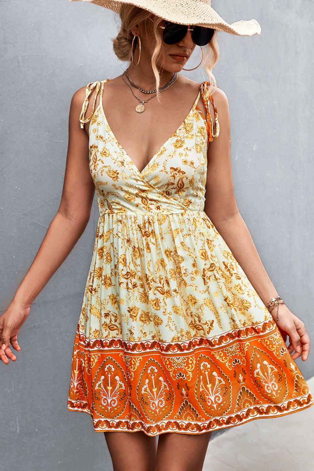 A Bohemian Tie Shoulder Surplice Backless Dress