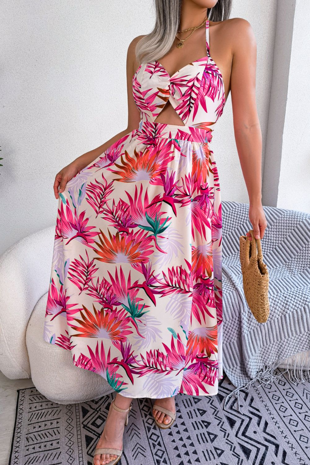 Print Tied Backless Cutout Slit Dress