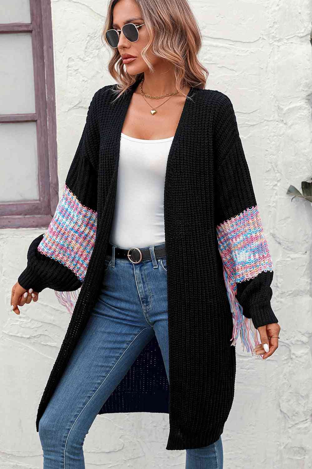 A Fringe Sleeve Dropped Shoulder Cardigan