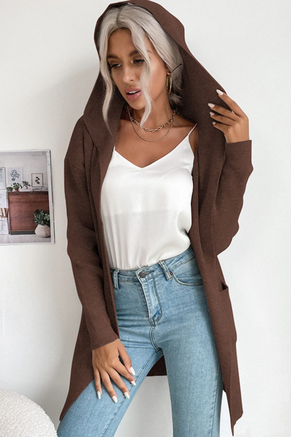 Ribbed Open Front Hooded Cardigan with Pockets