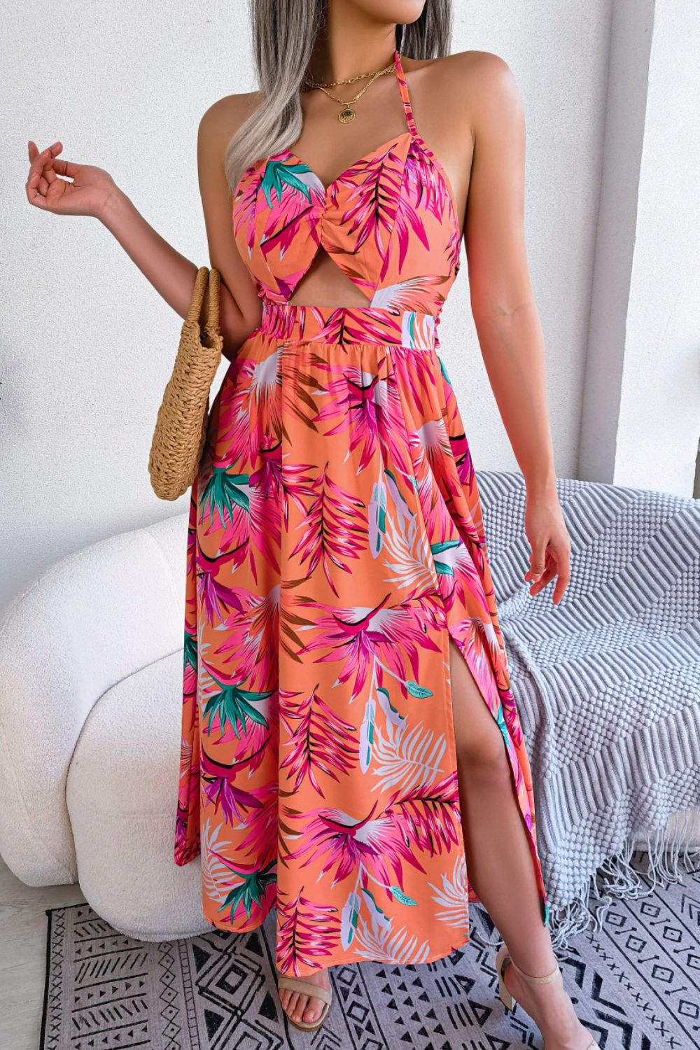 Print Tied Backless Cutout Slit Dress