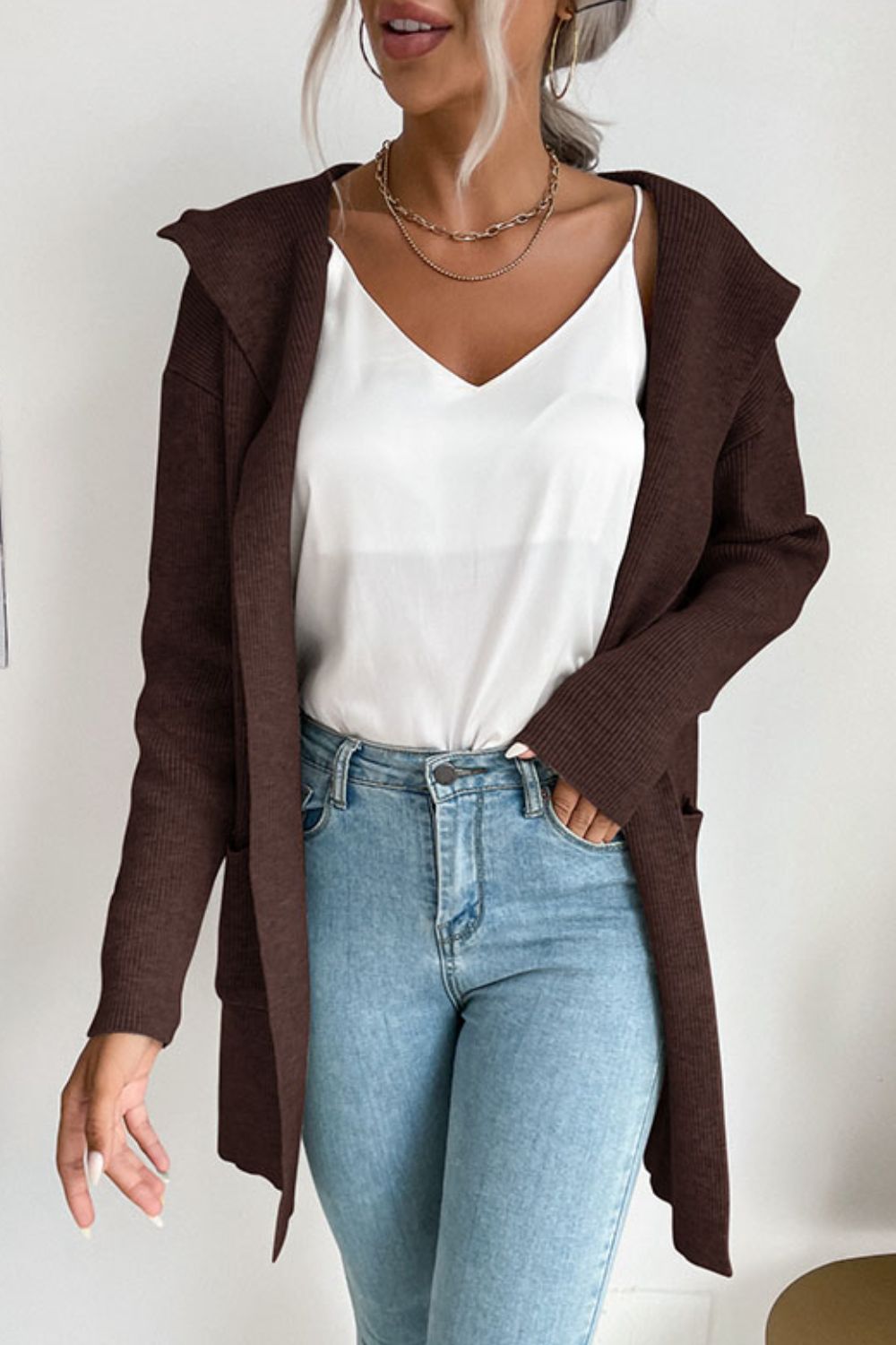 Ribbed Open Front Hooded Cardigan with Pockets