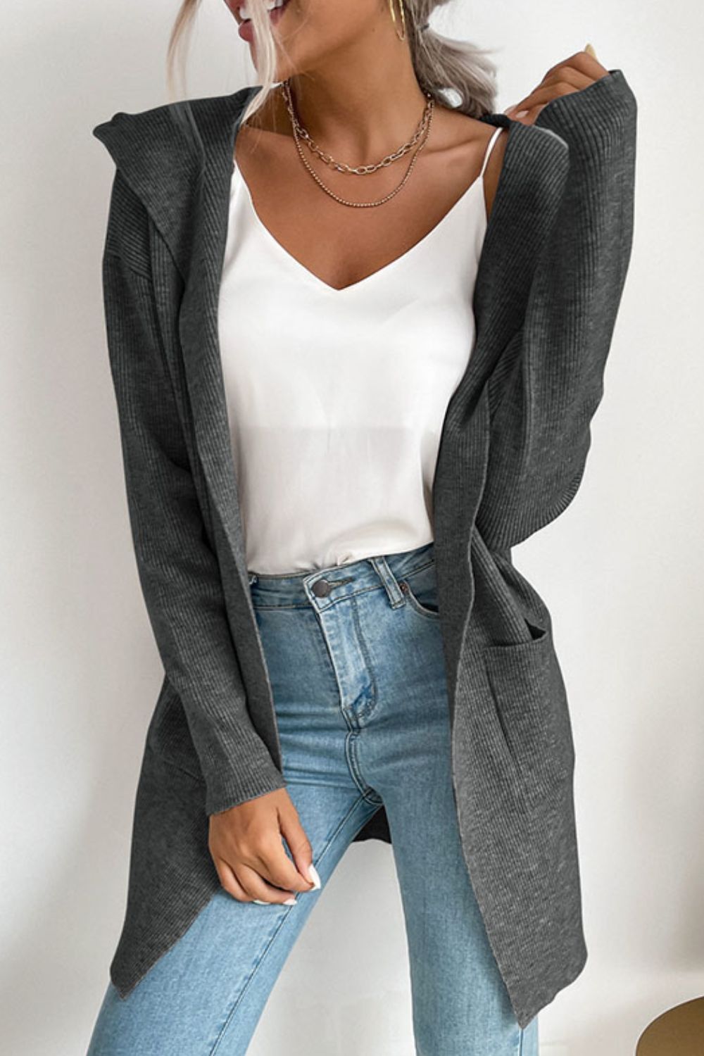 Ribbed Open Front Hooded Cardigan with Pockets