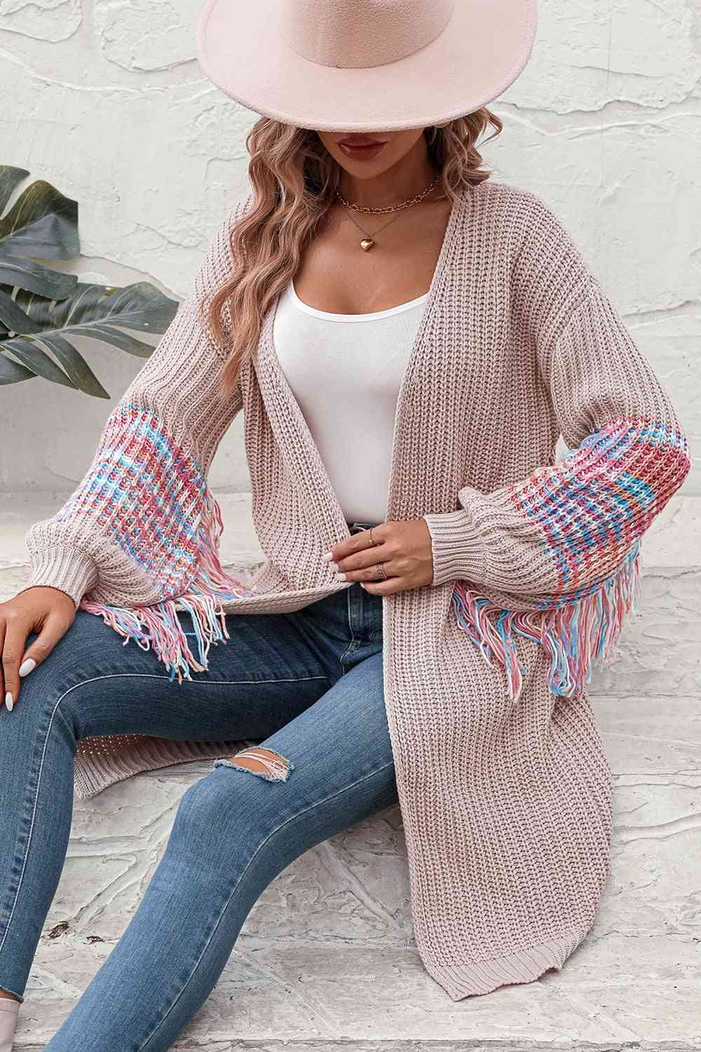 A Fringe Sleeve Dropped Shoulder Cardigan