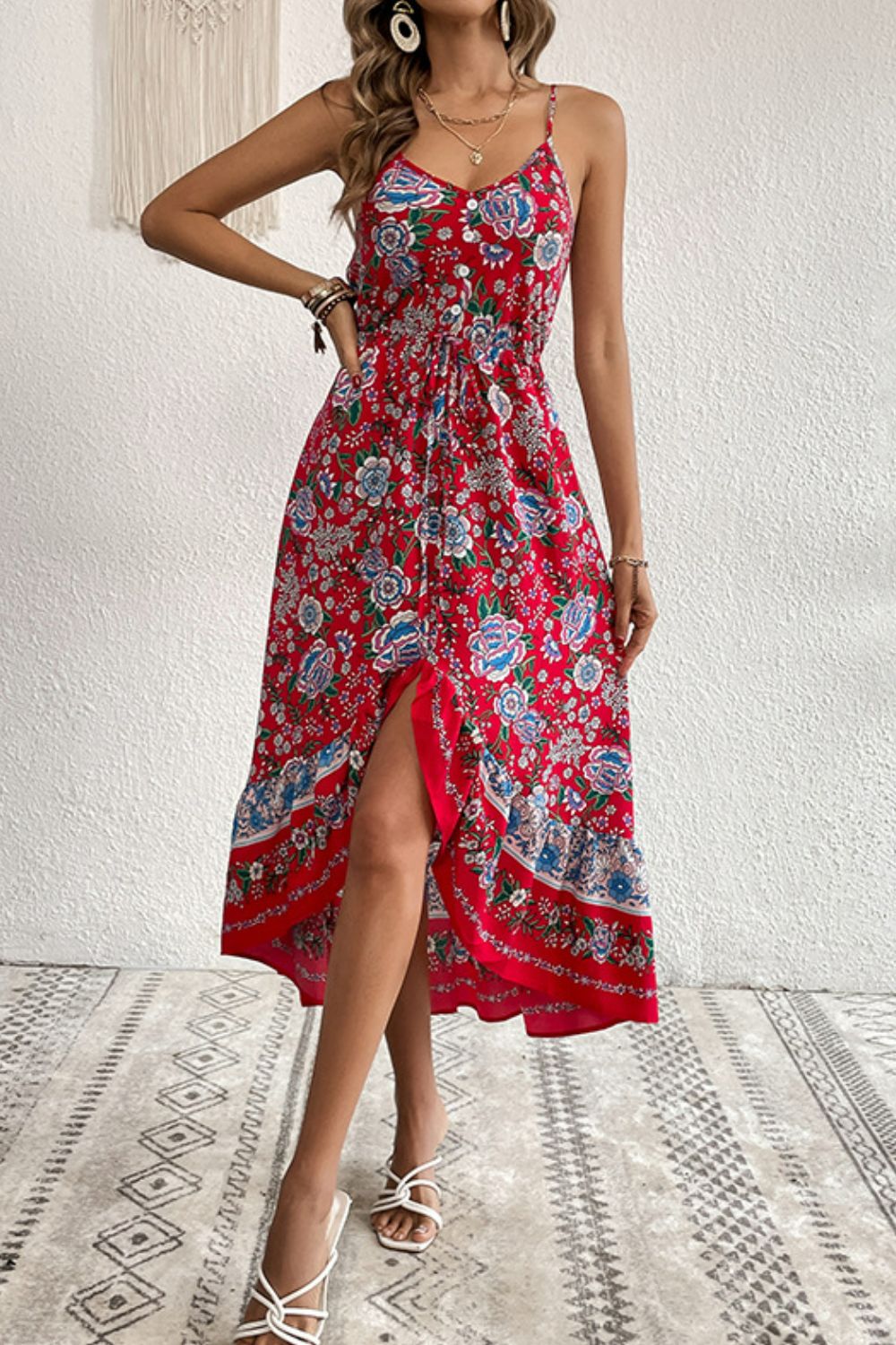 A Bohemian Decorative Button Spaghetti Strap Dress