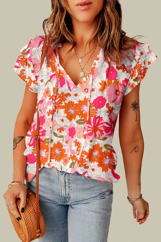 Floral Tie Neck Flutter Sleeve Blouse