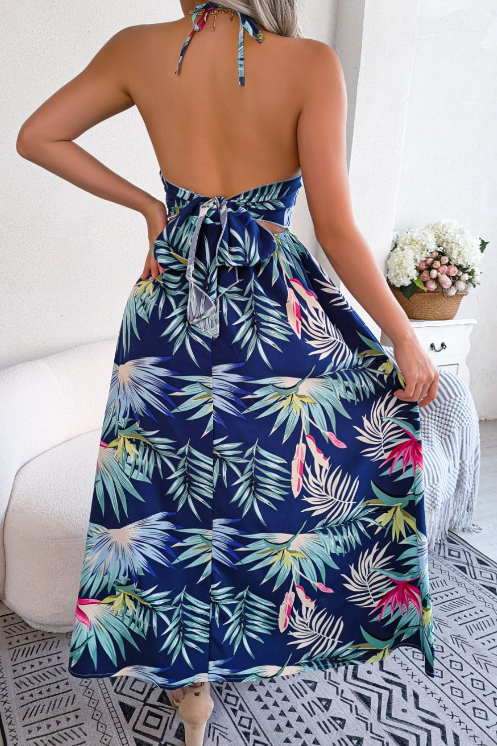 Print Tied Backless Cutout Slit Dress