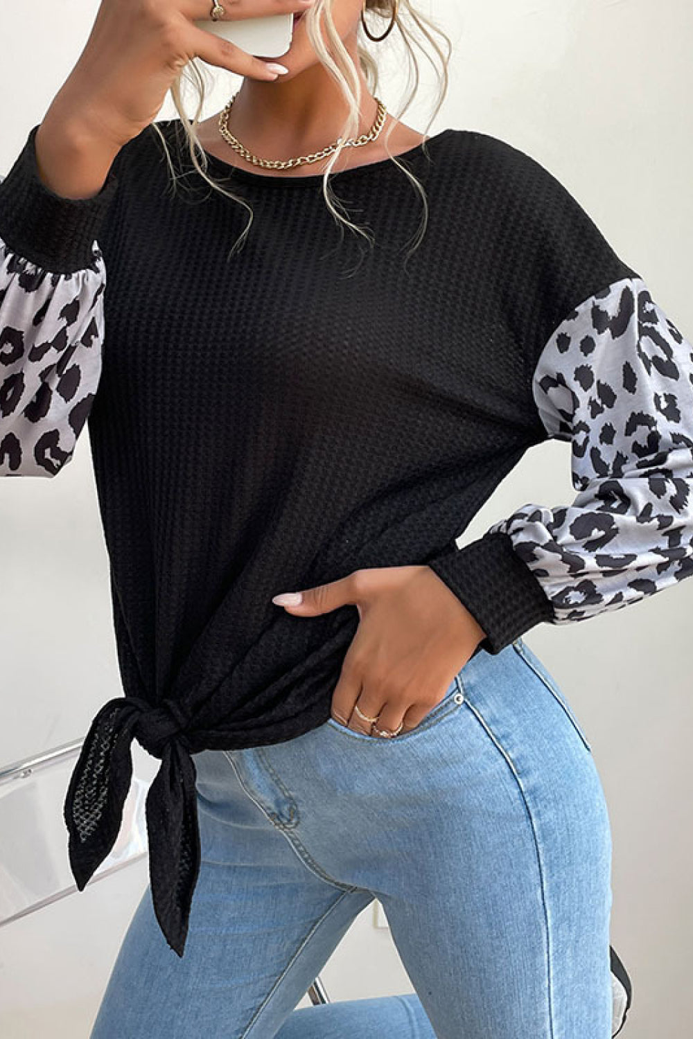 Leopard Print Sleeve Tie Front Top