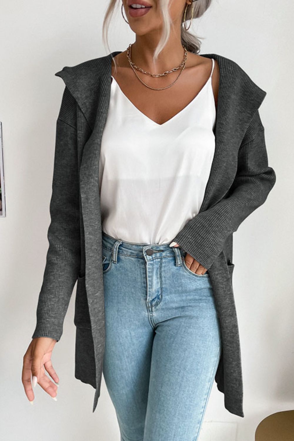 Ribbed Open Front Hooded Cardigan with Pockets