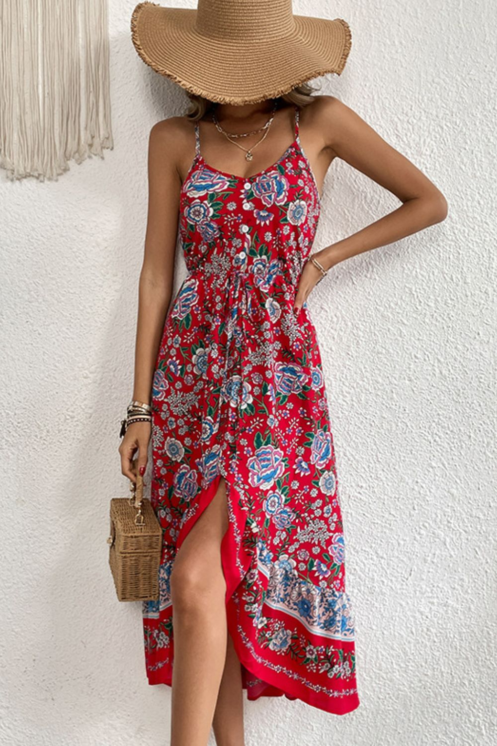 A Bohemian Decorative Button Spaghetti Strap Dress