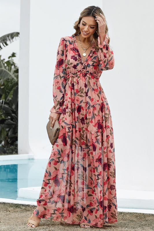 A Beautiful Floral Frill Trim Flounce Sleeve Plunge Maxi Dress