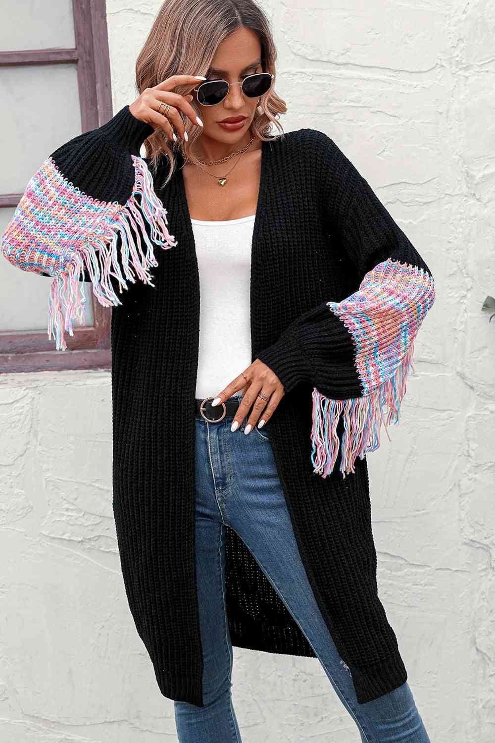 A Fringe Sleeve Dropped Shoulder Cardigan