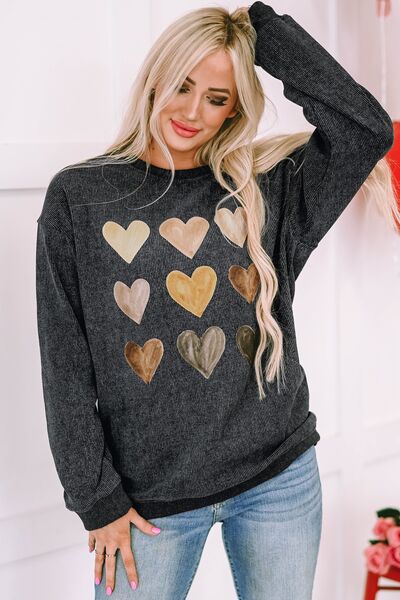 Heart Round Neck Dropped Shoulder Sweatshirt